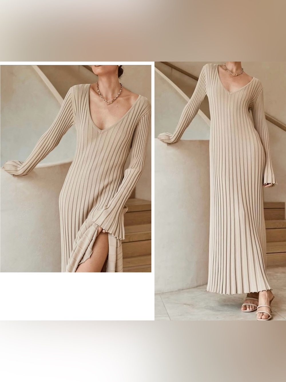 DISSH Reign Long Sleeve Stretch Ribbed Knit Midi Dress Stone Size Small NEW
